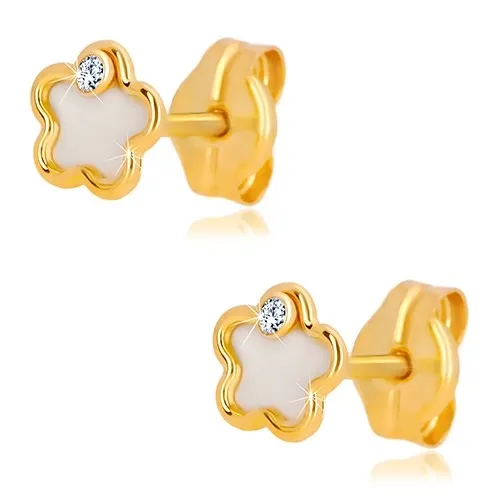 Náušnice zo 14K žltého zlata - kvet s prírodnou perleťou a zirkónom