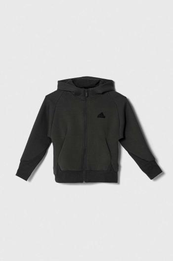 Detská mikina adidas zelená farba, s kapucňou, s nášivkou