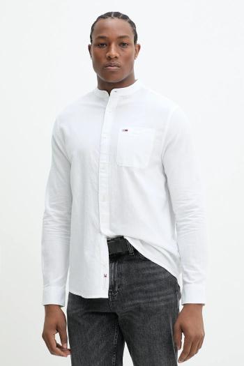 Košeľa s prímesou ľanu Tommy Jeans pánska, biela farba, regular, DM0DM20876