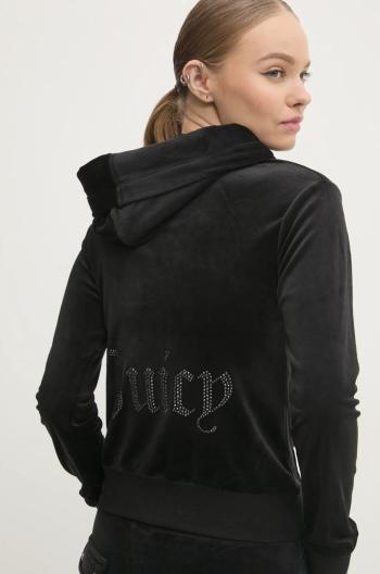 Velúrová mikina Juicy Couture ROBERTSON JEWELLED VELOUR HOODIE čierna farba, s kapucňou, jednofarebná, JCBAS224814