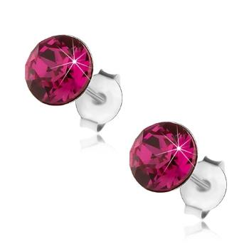 Strieborné náušnice 925, okrúhly krištáľ Swarovski v tmavoružovej farbe, 6 mm