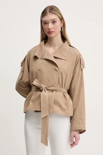 Kabát s prímesou ľanu HUGO dámsky, béžová farba, prechodný, oversize, 50536642
