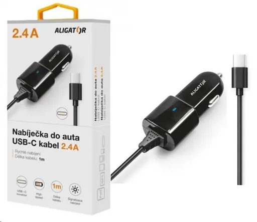 Aligator nabíjačka do auta Turbo charge, 12/24 V, 2, 4 A, USB-C, čierna