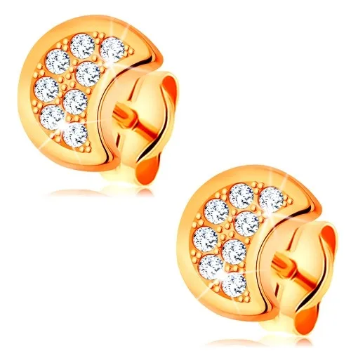 Náušnice zo žltého 14K zlata - polmesiac zdobený čírymi okrúhlymi zirkónmi