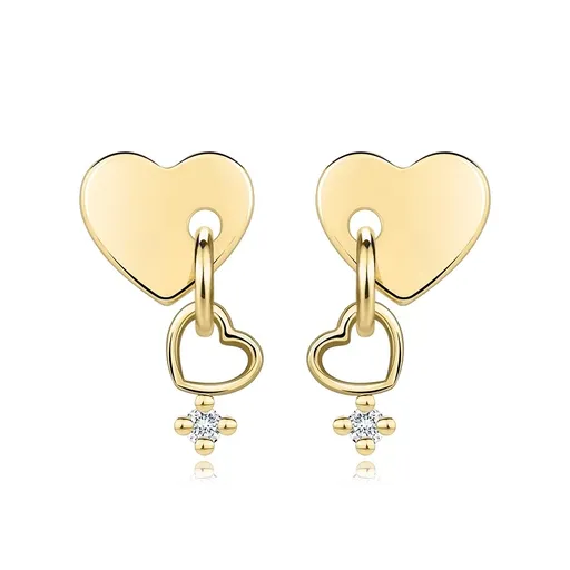 Náušnice zo žltého 585 zlata - plné srdce, srdiečkový obrys, číry zirkón