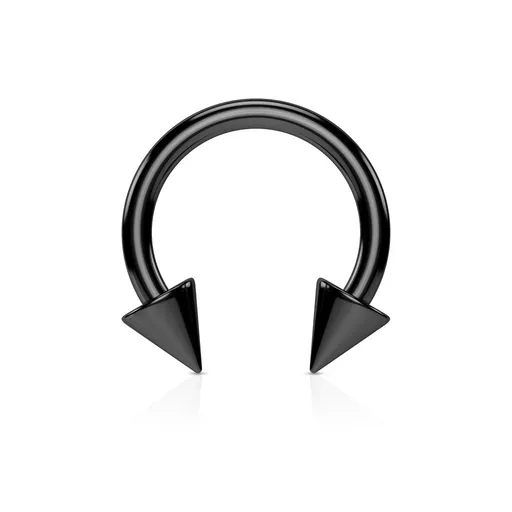 Oceľový piercing do nosa - podkova ukončená špicatými hrotmi, titánový povrch - Rozmer: 2 mm x 12 mm x 5x5 mm