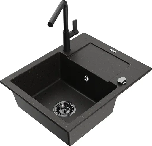 MEXEN/S MEXEN/S - Enzo granitový drez 1-miska s odkvapkávačom vrátane batérie Flora, čierna/zlatá metalik 6506-75-670401-70-B