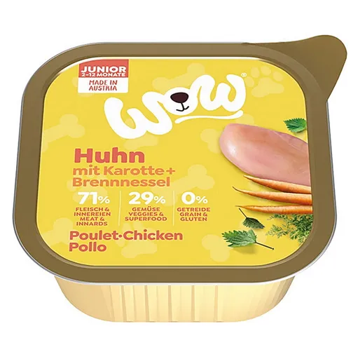 WOW Kuracie s karotkou junior paštéta pre šteňatá a rastúce psy 150 g