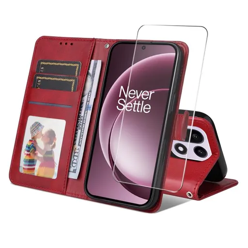 ENKAY PREMIUM SET Peňaženkové puzdro a ochranné sklo OnePlus 15 červené