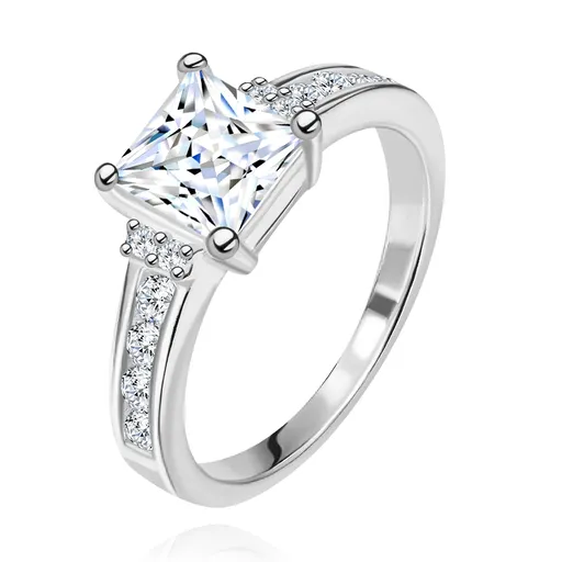 Strieborný prsteň 925 - štvorcový zirkón a zirkóniky po bokoch - Veľkosť: 55 mm