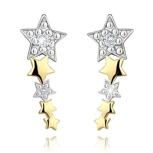 Puzetové náušnice v kombinovanom 585 zlate - zmenšujúce sa hviezdy s čírymi zirkónmi