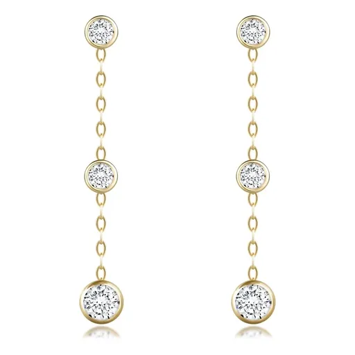 Puzetové náušnice zo žltého 9K zlata - okrúhle zirkóny, tenká retiazka