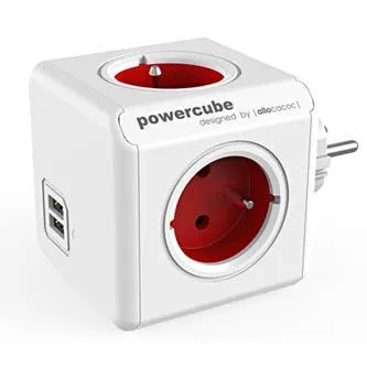 Rozbočovacia zásuvka 240V, CEE7 (vidlica) - POWERCUBE, 0.1m, ORIGINAL USB, červená, POWERCUBE, 4 zásuvky, 2xUSB porty