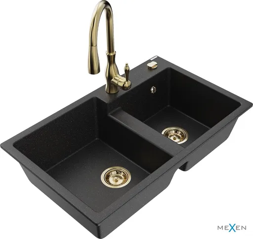 MEXEN/S MEXEN/S - Tomas granitový drez 2-bowl vrátane batérie Savita, čierna/strieborná metalík 6516-73-672601-50
