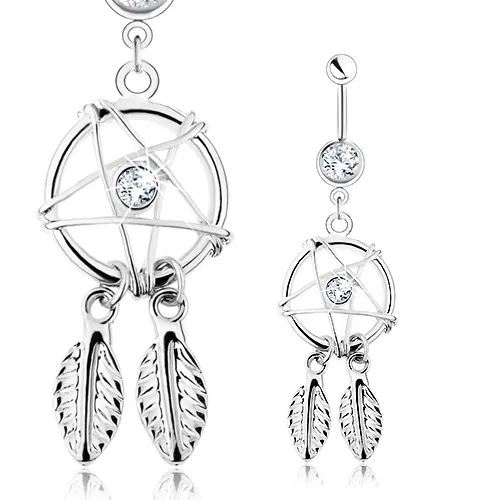 Piercing do pupka, oceľ 316L, lapač snov - pentagram, pierka, číre zirkóny