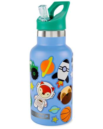 SKIP HOP Fľaša s nálepkami so slamkovým náustkom nerezová modrá 380 ml, 4r+