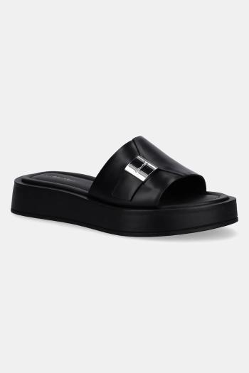 Kožené šľapky Calvin Klein FLATFORM SLIDE W/CK HW - LTH čierna farba, na platforme, HW0HW02368