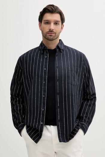 Košeľa s prímesou ľanu BOSS Orange tmavomodrá farba, voľný strih, s golierom button-down, 50538296