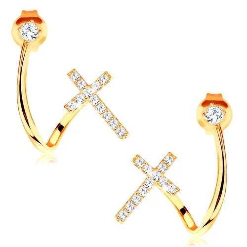 Náušnice v žltom 14K zlate - lesklá zahnutá línia, zirkón a trblietavý krížik