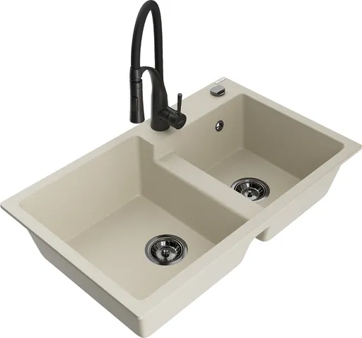 MEXEN/S MEXEN/S - Tomas granitový drez 2-bowl vrátane batérie Aster, béžová 6516-69-73450-70-B