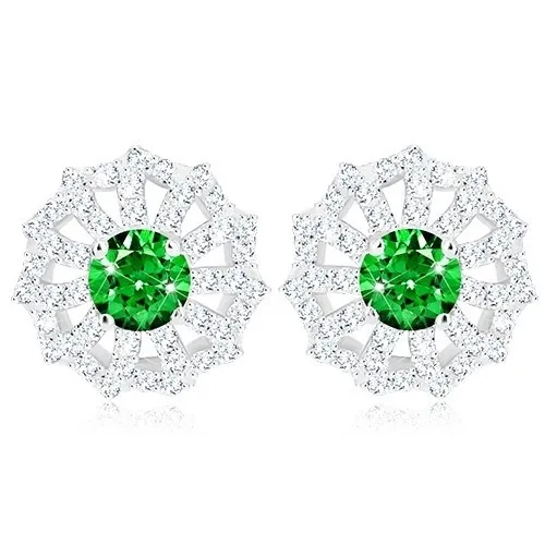 Ródiované náušnice, striebro 925, kvet - číre zirkónové lupene a zelený stred