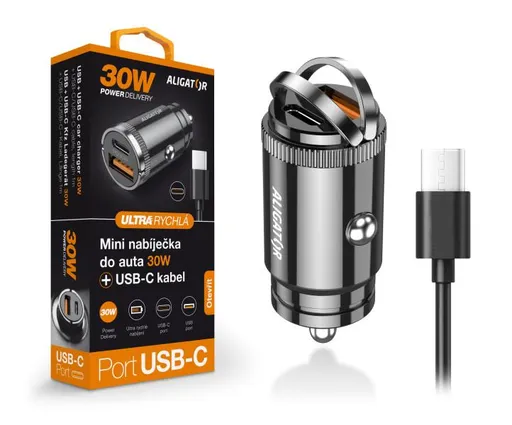 Aligator mini nabíjačka do auta Power Delivery 30W, USB-C + USB-A, USB-C/USB-C kábel
