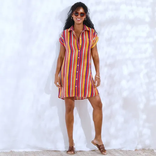 Krátke pruhované krepónové košeľové šaty