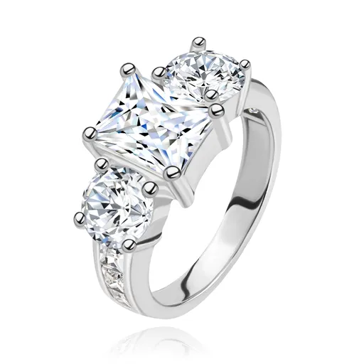 Zásnubný prsteň zo striebra 925, tri veľké zirkóny čírej farby, zdobené ramená - Veľkosť: 48 mm