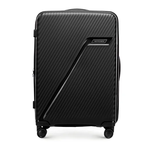 Stredný polypropylénový kufor s diagonálnymi pruhmi, čierny a strieborný 56-3T-502-10