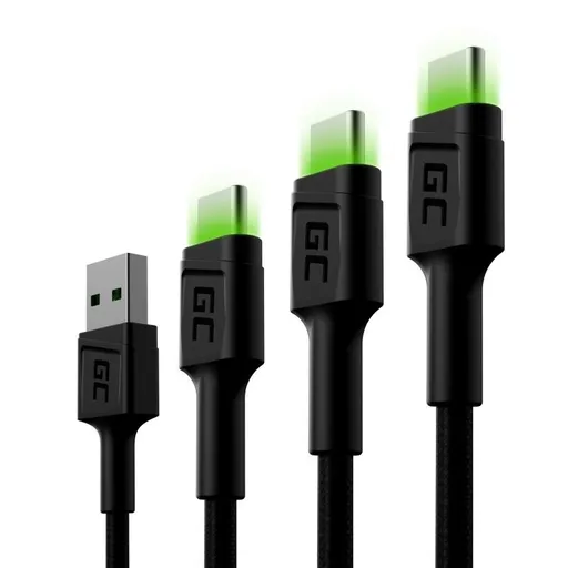 Green Cell Set 3x Cable GC Ray USB-C Cable 30cm, 120cm, 200cm so zeleným LED backlight, fast charging UC, QC 3.0