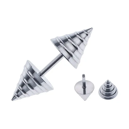 Fake piercing do ucha v tvare kužeľa - vypuklé pruhy striebornej farby