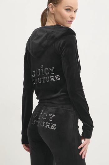 Velúrová mikina Juicy Couture REGAL MADISON HOODIE čierna farba, s kapucňou, jednofarebná, JCBAS224828