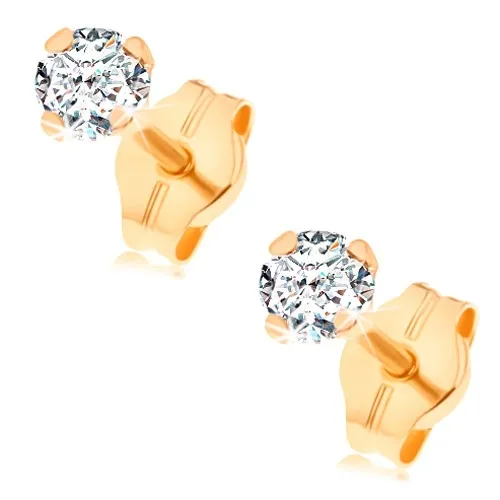 Náušnice zo žltého 14K zlata - číry okrúhly zirkón v kotlíku, 3 mm