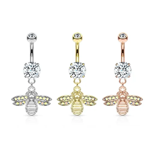Piercing do bruška z ocele - včela s dúhovými kryštálovými krídlami, číry kryštál v kotlíku - Farba: Zlatá