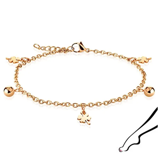 Oceľový náramok na nohu v medenej farbe - hladké štvorlístky a guličky
