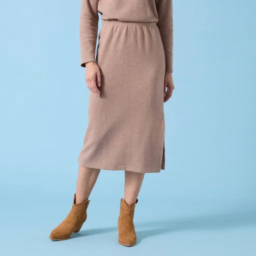 Úpeltová midi sukňa česaným rubom, pre nižšiu postavu
