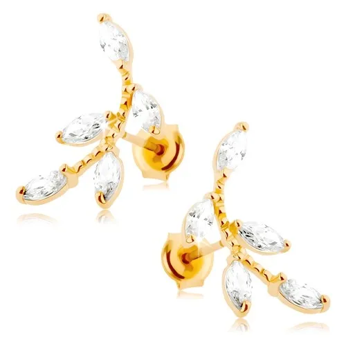Náušnice v žltom 14K zlate - ligotavá vetvička, číre zirkónové lístočky