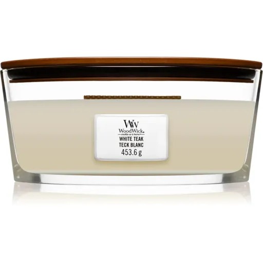 Woodwick White Teak vonná sviečka s dreveným knotom (hearthwick) 453.6 g