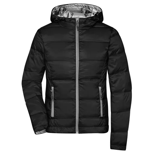 James & Nicholson (Daiber) Ľahká dámska páperová bunda s kapucňou JN1151 - Čierna / strieborná | XS