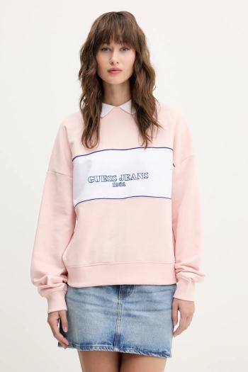Bavlnená mikina Guess Jeans dámska, ružová farba, vzorovaná, W5GQ17 K68I4