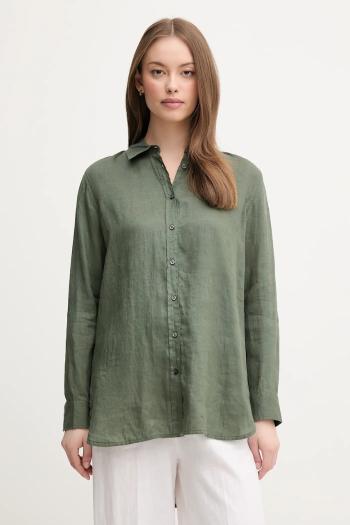 Ľanová košeľa United Colors of Benetton zelená farba, regular, s klasickým golierom