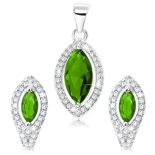 Sada zo striebra 925, prívesok a náušnice, zelené zirkónové zrnko, číra kontúra