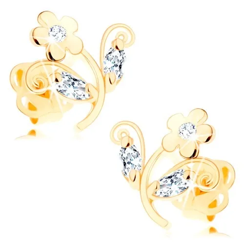 Zlaté náušnice 585 - malý lesklý kvietok zdobený čírymi zirkónmi, puzetky