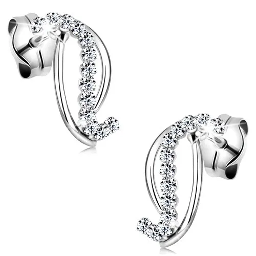 Zlaté 14K náušnice - dve hladké a jedna zirkónová línia, biele zlato, puzetky