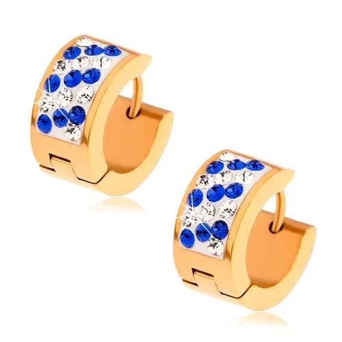 Náušnice z ocele zlatej farby, biely pás vykladaný modrými a čírymi zirkónmi