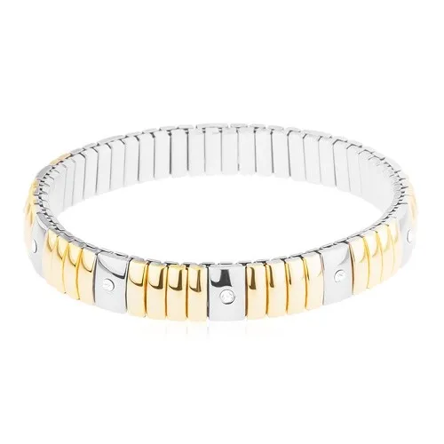 Oceľový náramok zlatej a striebornej farby, úzke a širšie obdĺžniky, číre zirkóny