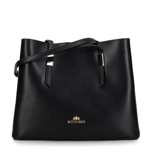 Damska shopperka skórzana z okuciem czarna ze złotym logo 99-4E-623-1G