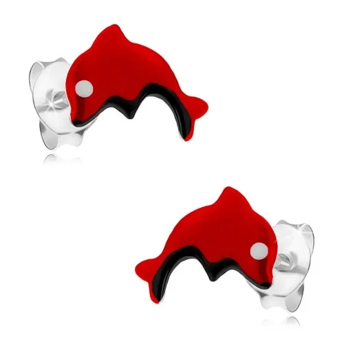 Puzetové náušnice zo striebra 925, červený skáčuci delfínik, glazúra