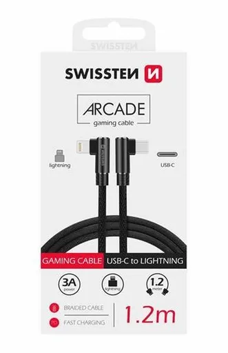 SWISSTEN TEXTILNÝ DÁTOVÝ KÁBEL ARCADE USB-C / LIGHTNING 1,2 M ČIERNY