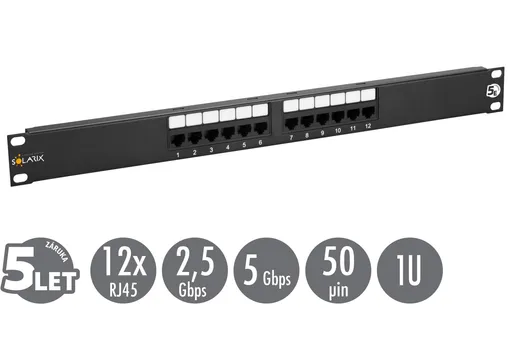 19" patch panel Solarix 12 x RJ45 CAT5E UTP 150 MHz čierny 1U SX12-5E-UTP-BK